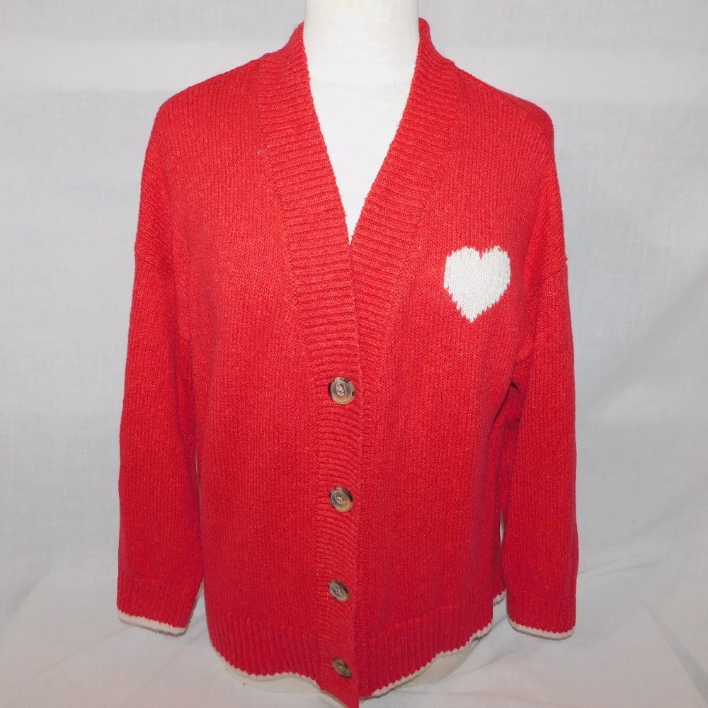 Old Navy Red White Heart Knit Cardigan Sweater Valentines love Preppy Womens S